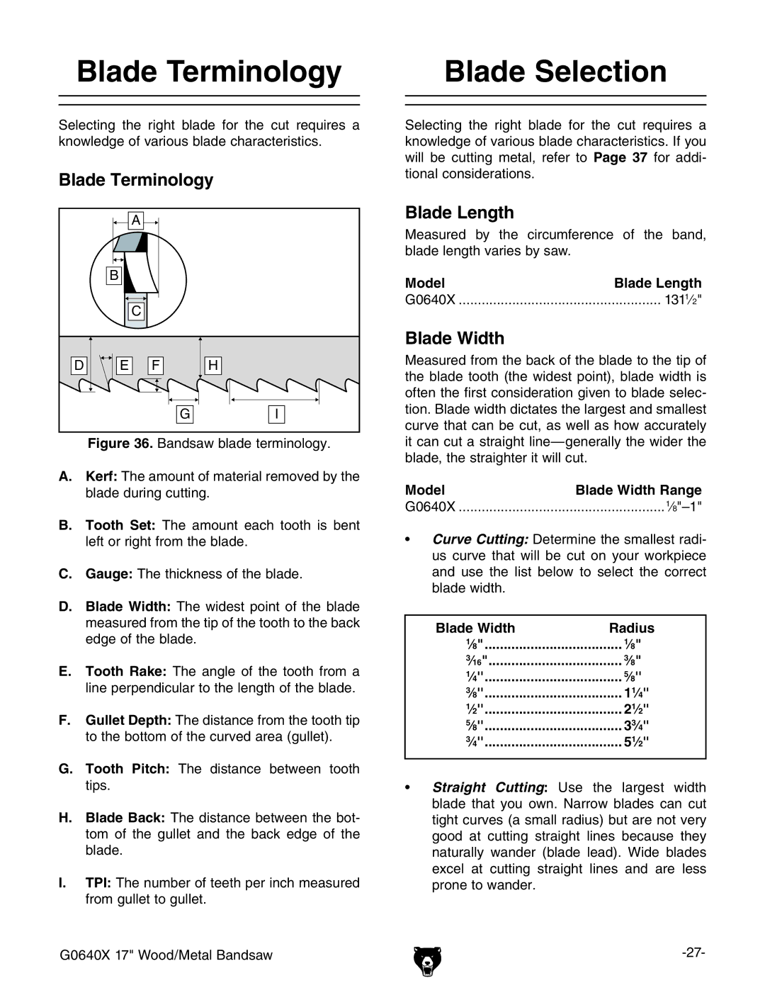 Grizzly G0640X owner manual Blade Terminology, Blade Selection, Blade Length, Blade Width 