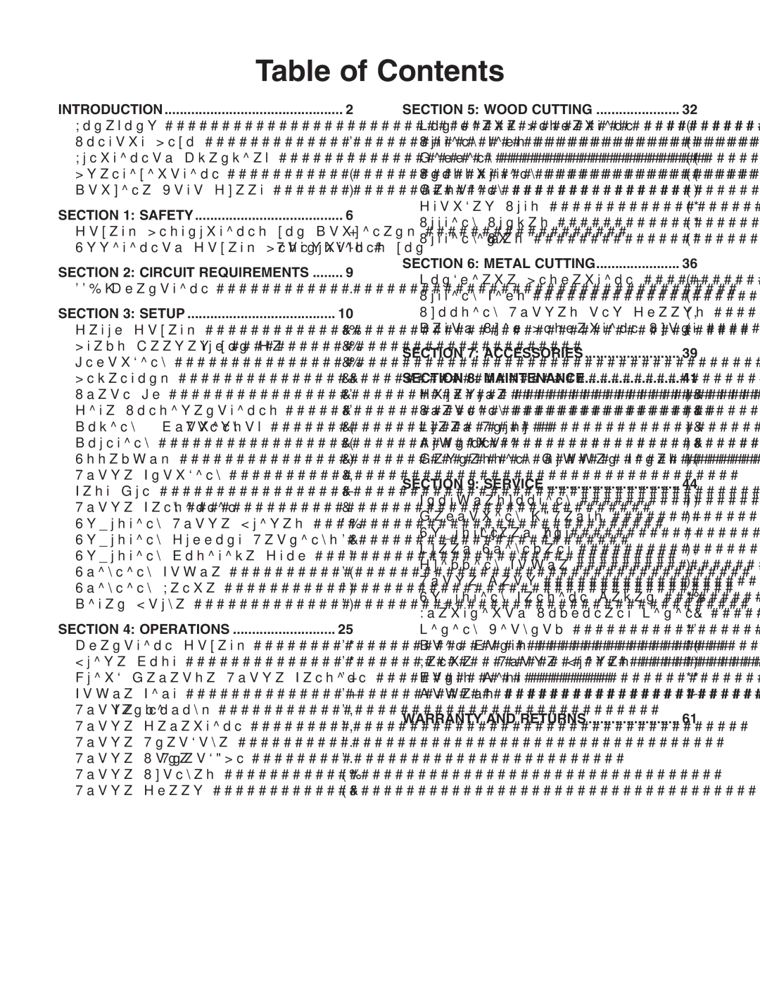 Grizzly G0640X owner manual Table of Contents 