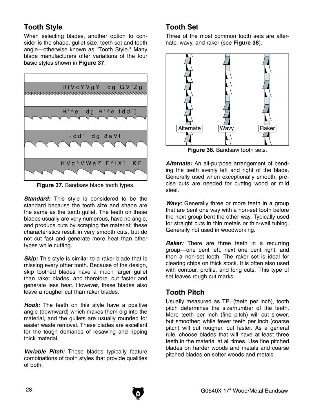 Grizzly G0640X owner manual Tooth Style, Tooth Set, Tooth Pitch 