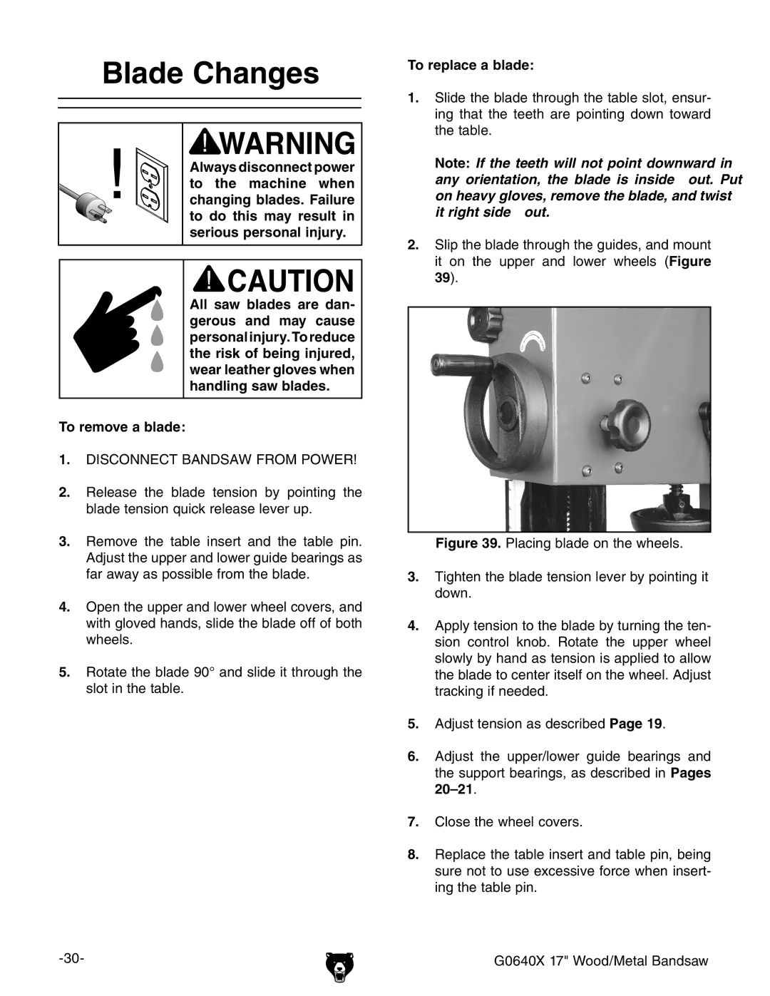 Grizzly G0640X owner manual Blade Changes, To remove a blade, To replace a blade 