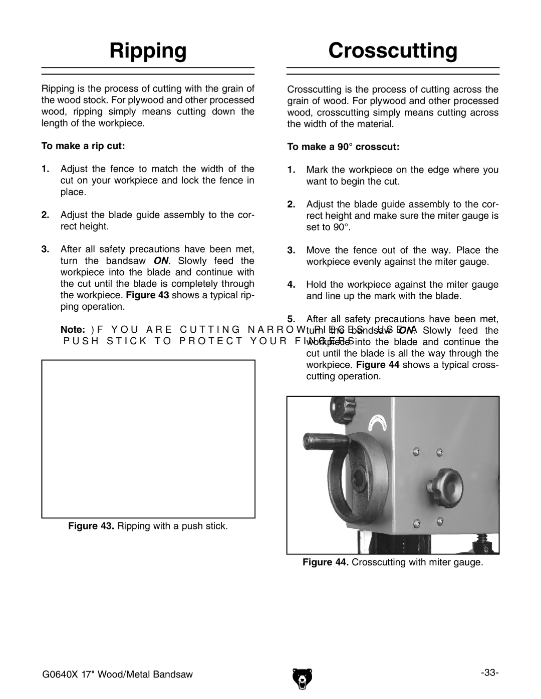 Grizzly G0640X owner manual RippingCrosscutting, To make a rip cut, To make a 90 crosscut 