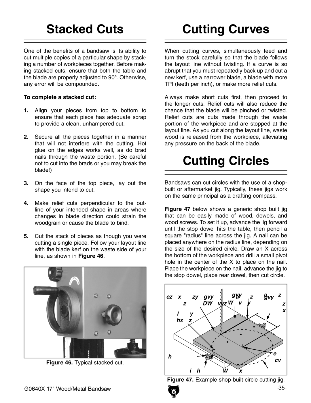 Grizzly G0640X owner manual Stacked Cuts Cutting Curves, Cutting Circles, To complete a stacked cut 