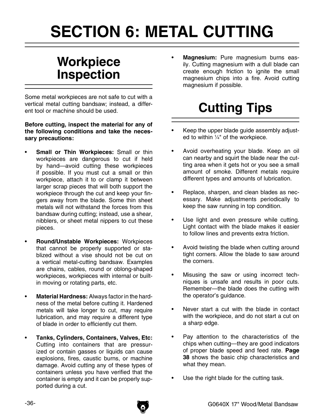 Grizzly G0640X owner manual Metal Cutting, Workpiece Inspection 