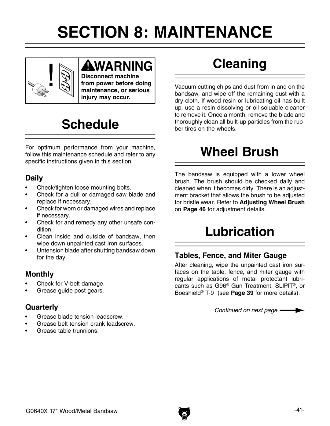 Grizzly G0640X owner manual Maintenance, Schedule, Cleaning, Wheel Brush, Lubrication 