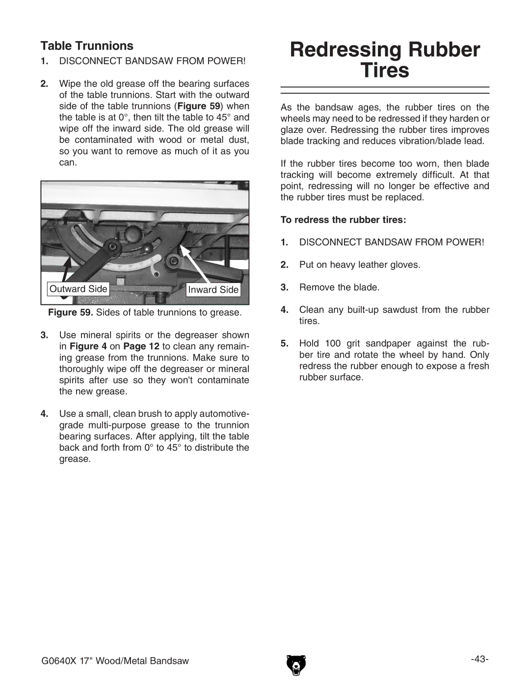 Grizzly G0640X owner manual Redressing Rubber Tires, Table Trunnions, To redress the rubber tires 