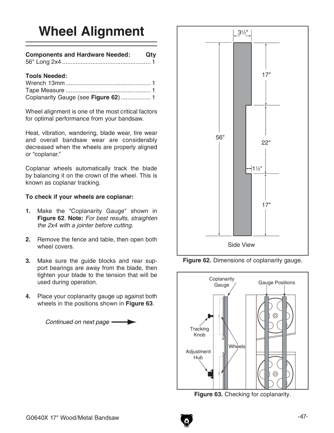 Grizzly G0640X owner manual Wheel Alignment, Components and Hardware Needed Qty, To check if your wheels are coplanar 