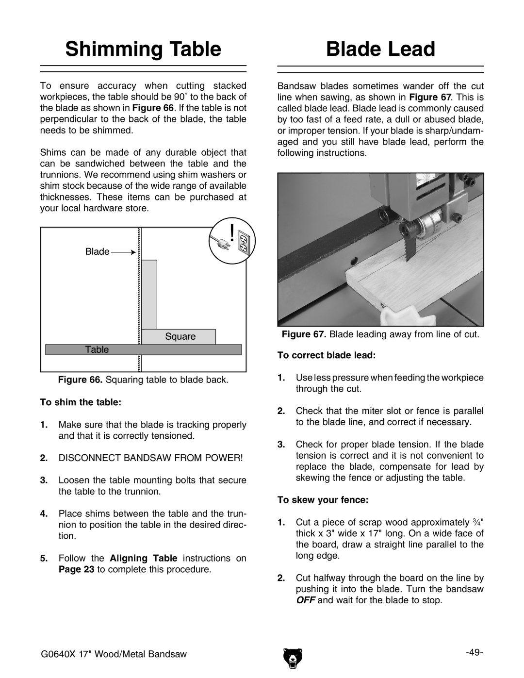 Grizzly G0640X owner manual Shimming Table Blade Lead, To shim the table, To correct blade lead, To skew your fence 