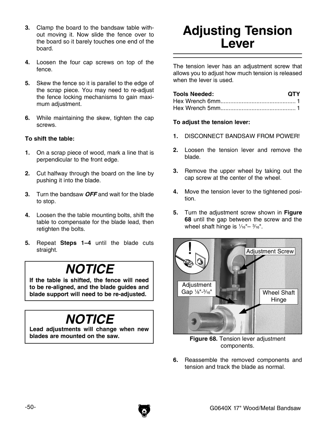 Grizzly G0640X owner manual Adjusting Tension Lever, To shift the table, To adjust the tension lever 