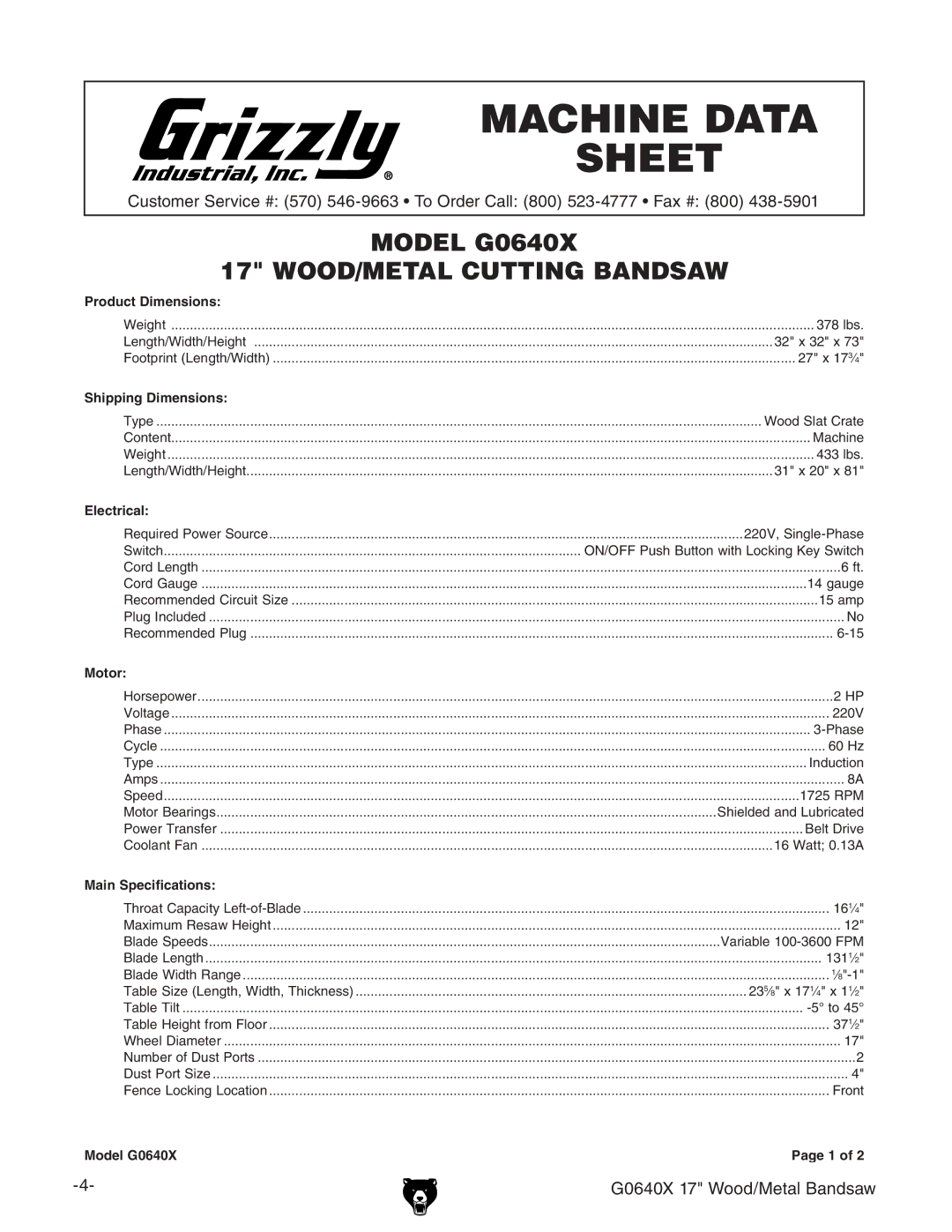 Grizzly G0640X owner manual Machine Data Sheet 