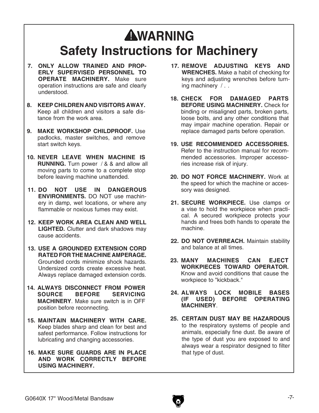 Grizzly owner manual G0640X 17 Wood/Metal Bandsaw 