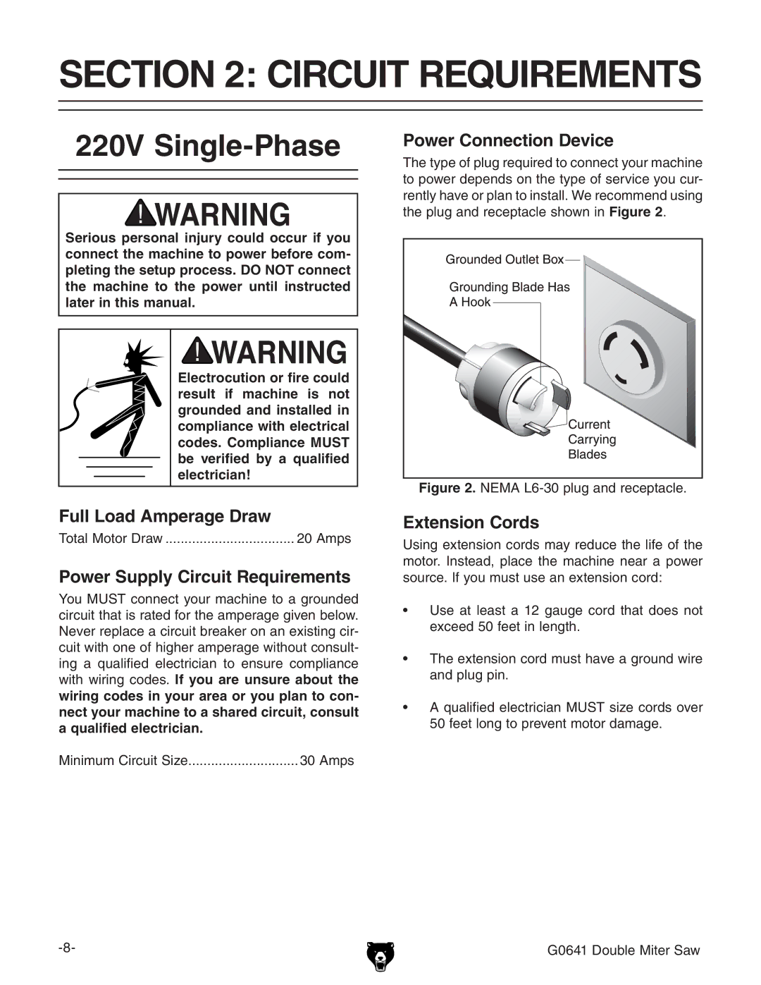 Grizzly G0641 owner manual Circuit Requirements, 220V Single-Phase 