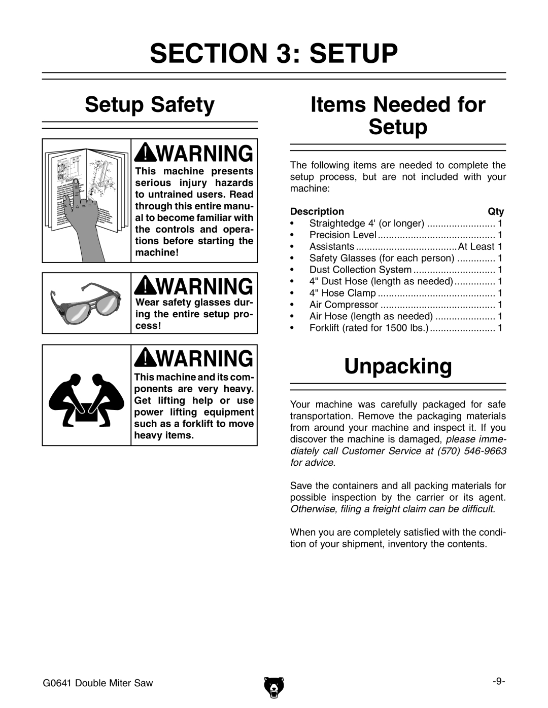 Grizzly G0641 owner manual Setup Safety, Items Needed for Setup, Unpacking, Description Qty 