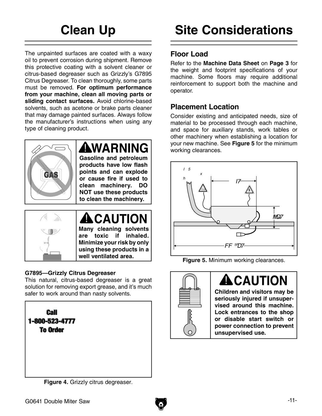 Grizzly G0641 owner manual Clean Up, Site Considerations 