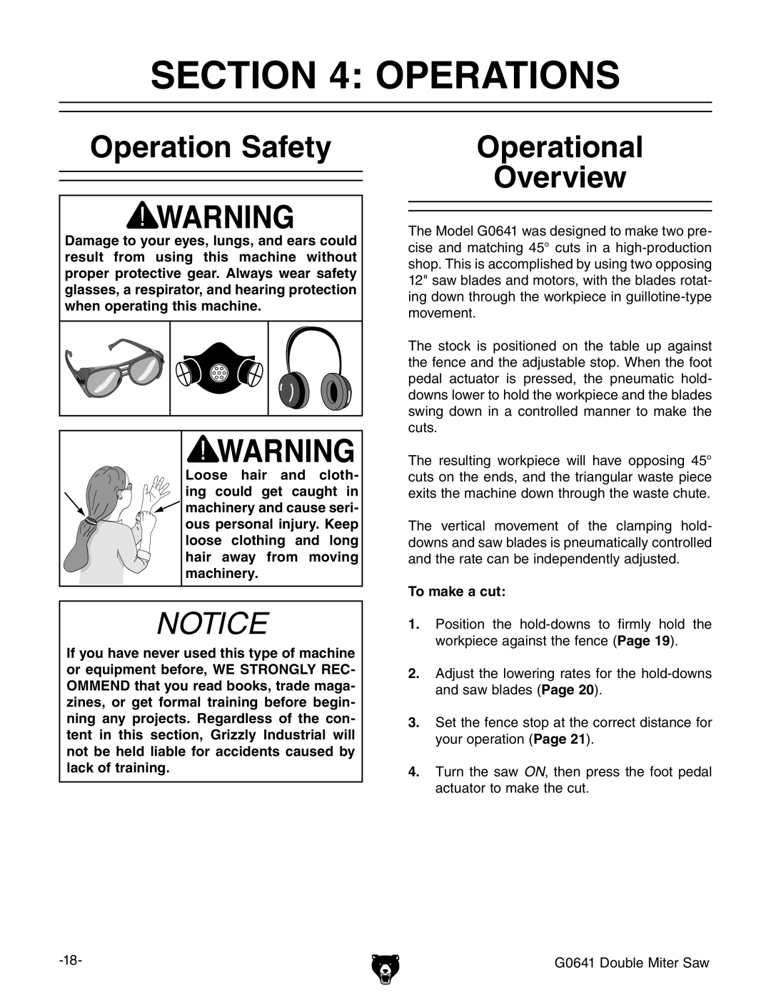 Grizzly G0641 owner manual Operations, Operation Safety, To make a cut 