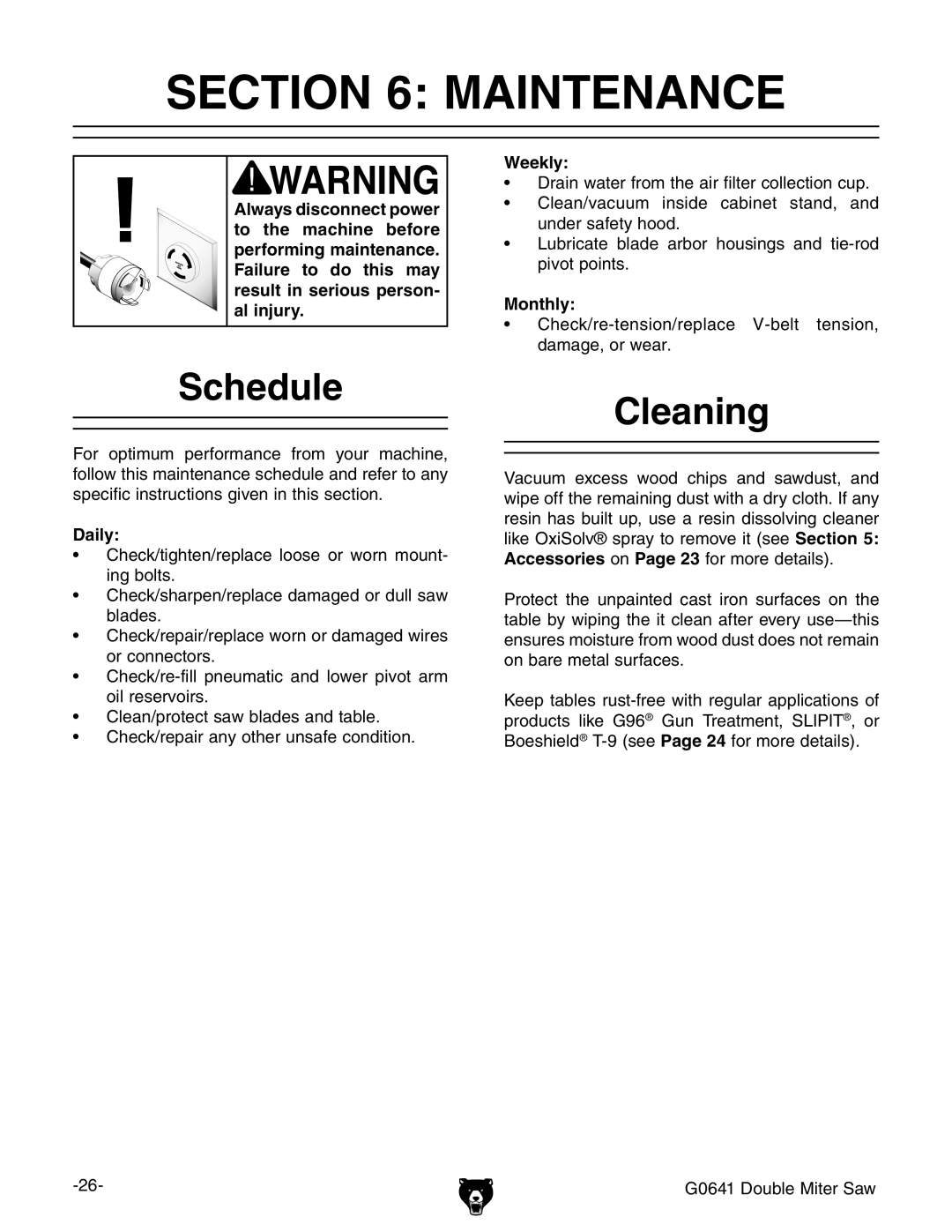 Grizzly G0641 owner manual Maintenance, Schedule, Cleaning 