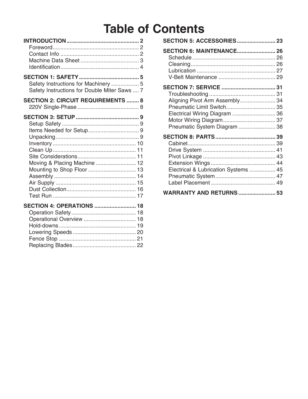 Grizzly G0641 owner manual Table of Contents 