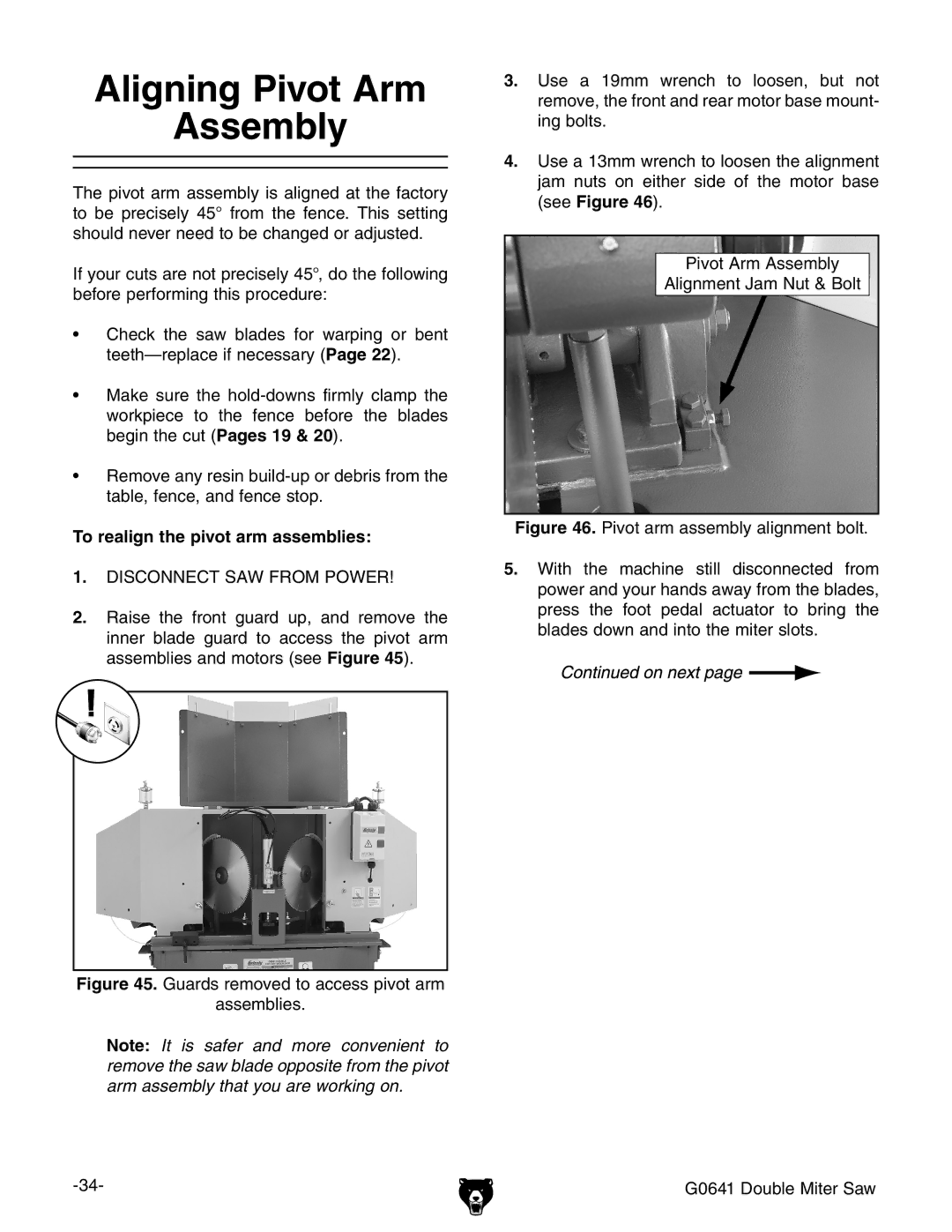 Grizzly G0641 owner manual Aligning Pivot Arm Assembly, To realign the pivot arm assemblies 