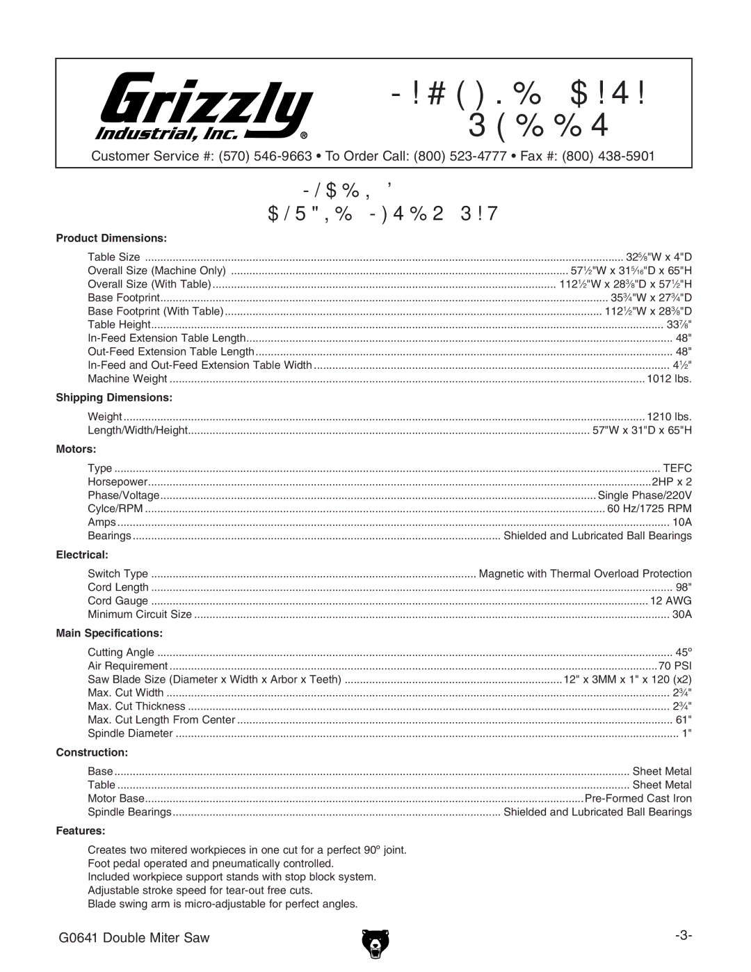 Grizzly G0641 owner manual Machine Data Sheet 