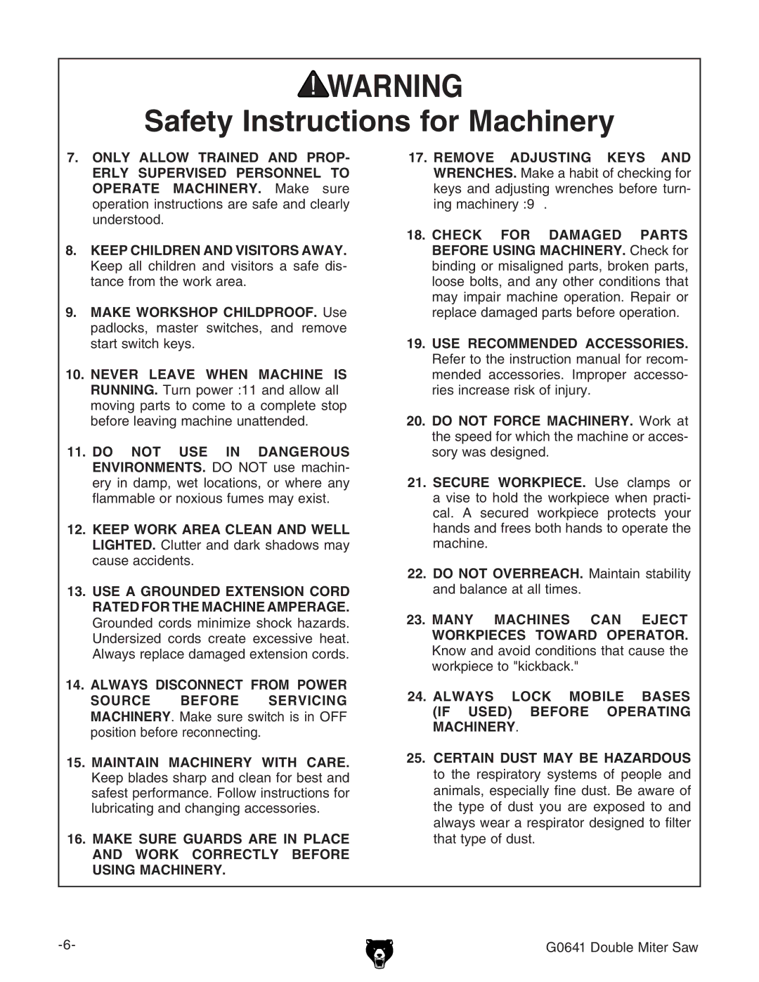 Grizzly owner manual G0641 Double Miter Saw 