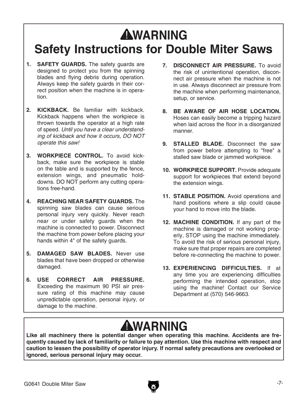 Grizzly G0641 owner manual Safety Instructions for Double Miter Saws 