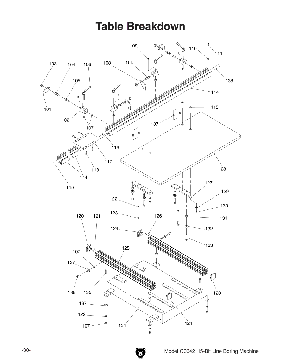 Grizzly G0642 manual Table Breakdown 