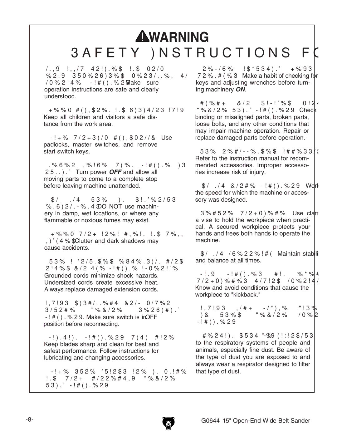 Grizzly owner manual G0644 15 Open-End Wide Belt Sander 