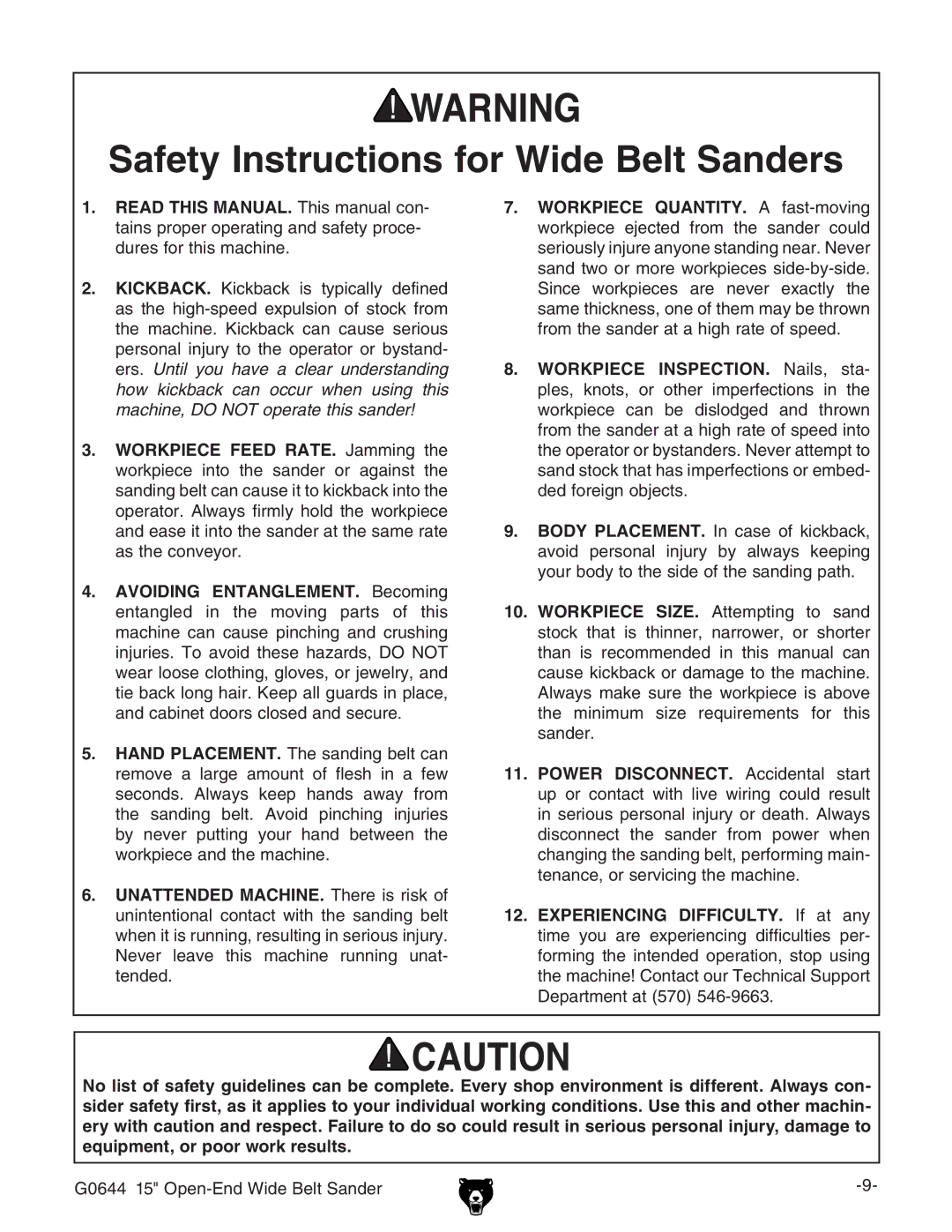 Grizzly G0644 owner manual Safety Instructions for Wide Belt Sanders 