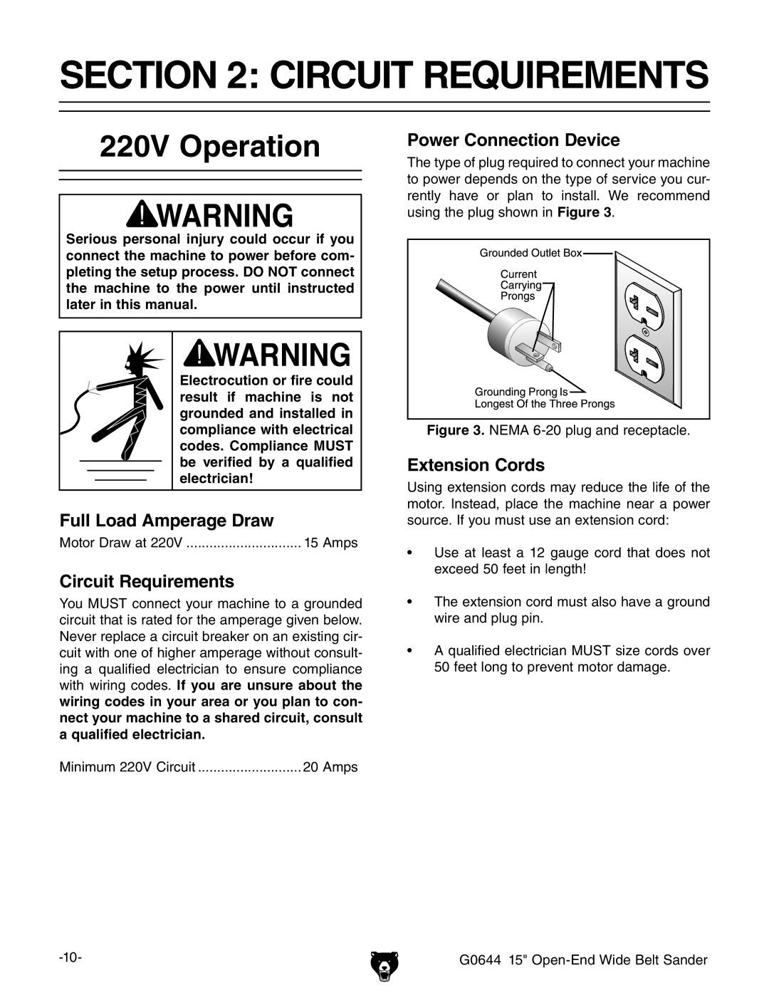 Grizzly G0644 owner manual Circuit Requirements, 220V Operation 