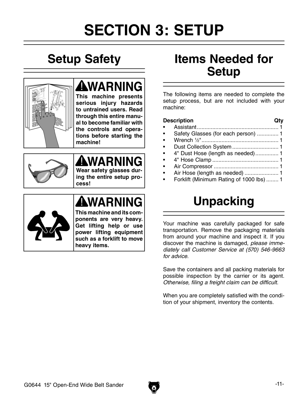 Grizzly G0644 owner manual Setup Safety, Items Needed for Setup, Unpacking, Description Qty 