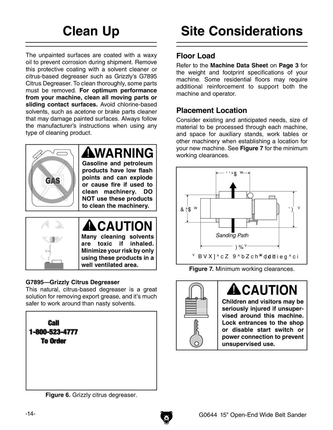 Grizzly G0644 owner manual Clean Up, Site Considerations, G7895-Grizzly Citrus Degreaser 