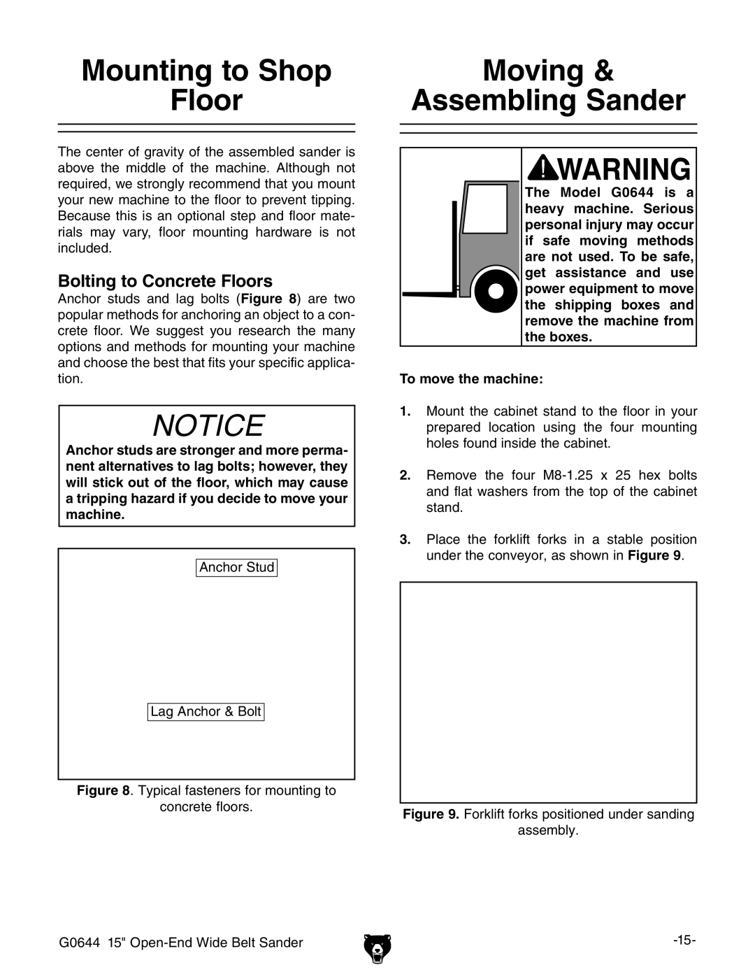 Grizzly G0644 owner manual Mounting to Shop Floor, Moving Assembling Sander 