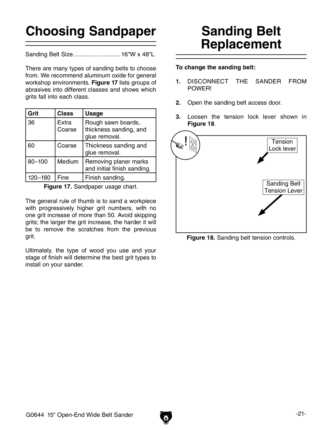 Grizzly G0644 owner manual Choosing Sandpaper, Sanding Belt Replacement, Grit Class Usage, To change the sanding belt 