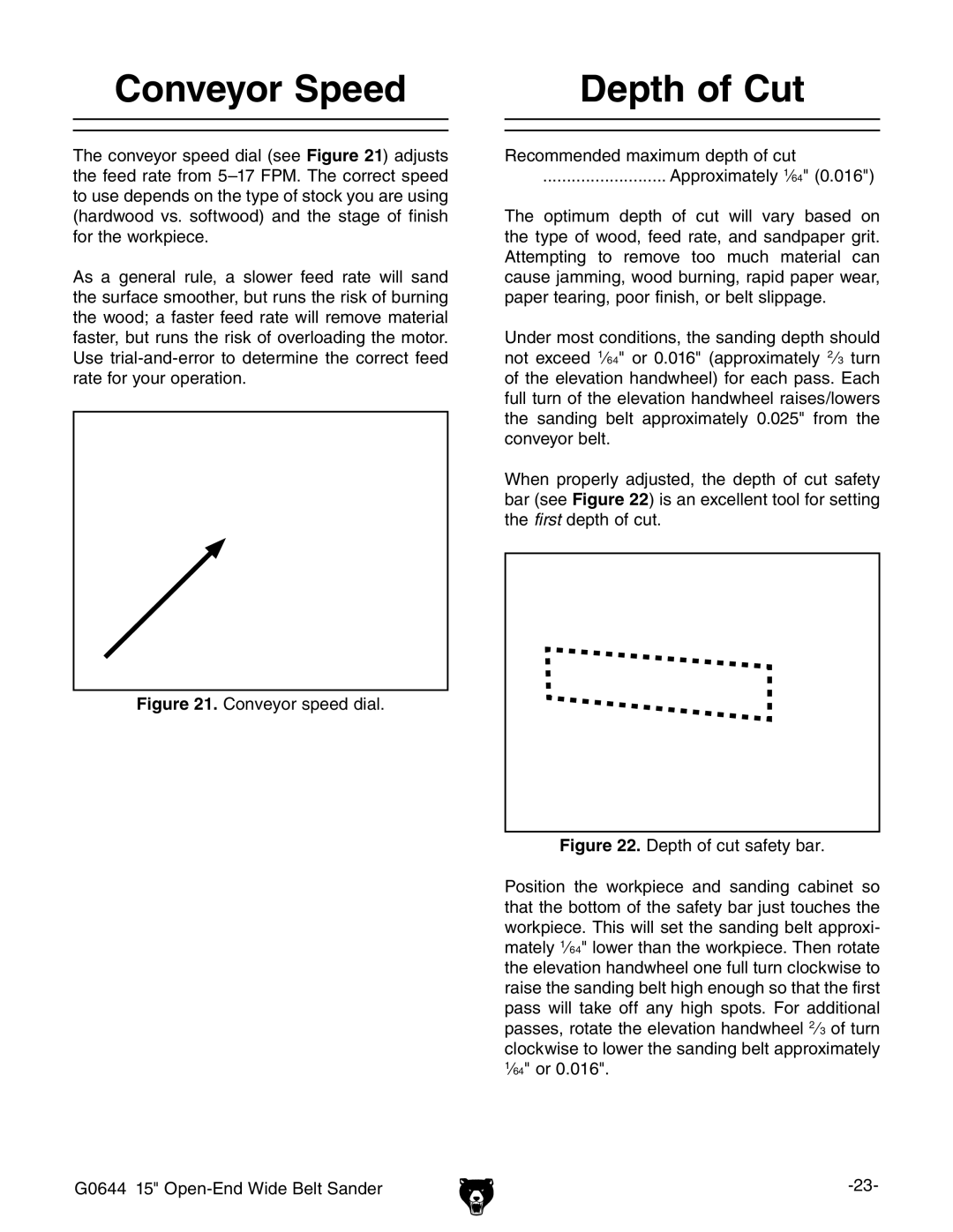 Grizzly G0644 owner manual Conveyor Speed, Depth of Cut 