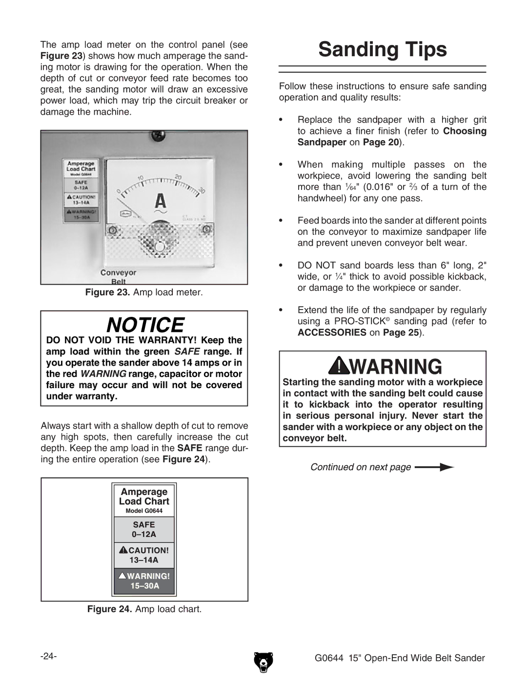 Grizzly G0644 owner manual Sanding Tips, Amp load chart 