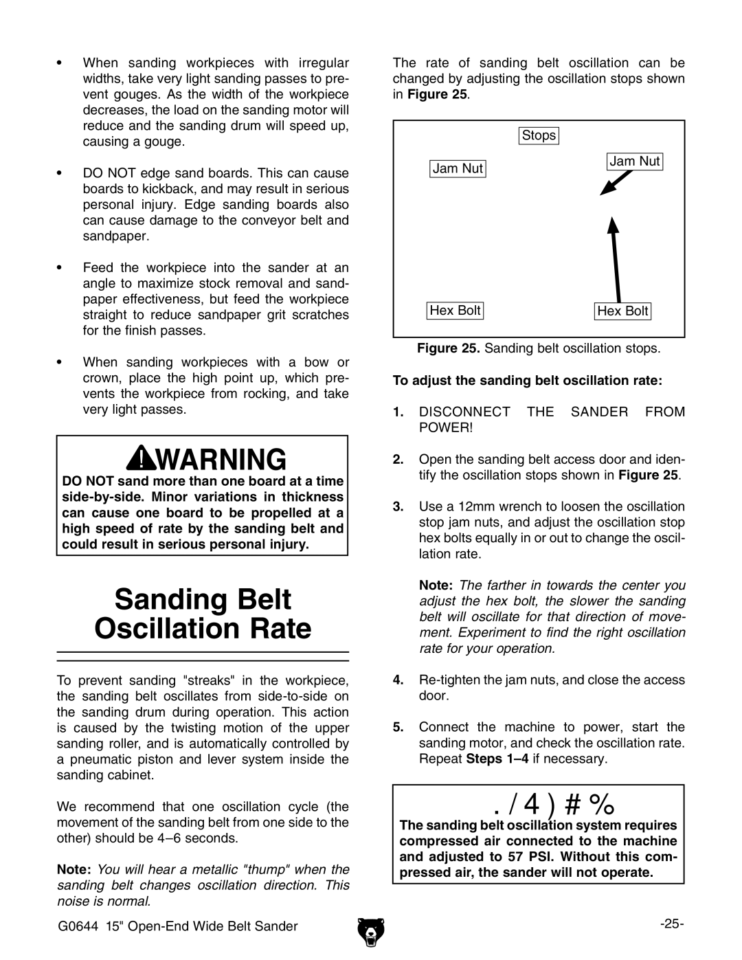 Grizzly G0644 owner manual Sanding Belt Oscillation Rate, To adjust the sanding belt oscillation rate 