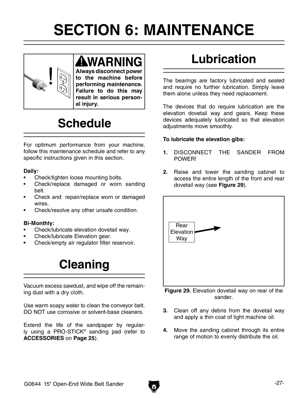 Grizzly G0644 owner manual Maintenance, Schedule, Cleaning, Lubrication 