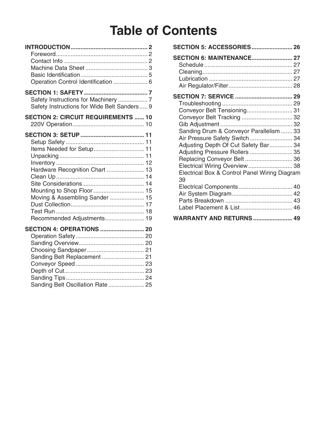 Grizzly G0644 owner manual Table of Contents 