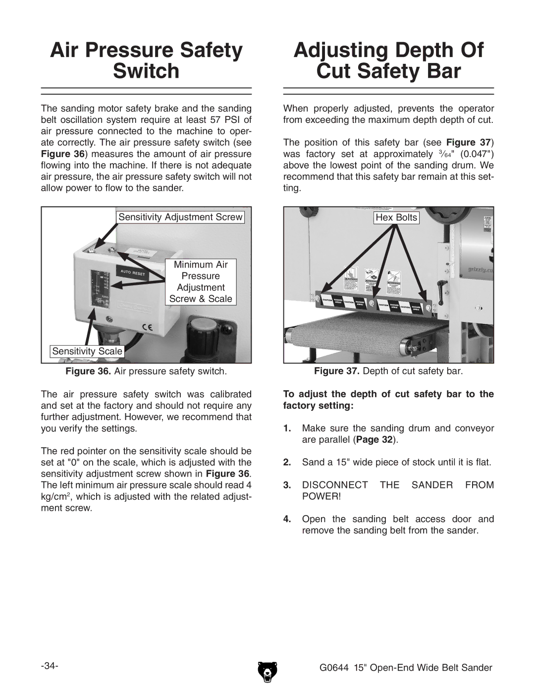 Grizzly G0644 owner manual Air Pressure Safety Switch, Adjusting Depth Cut Safety Bar 