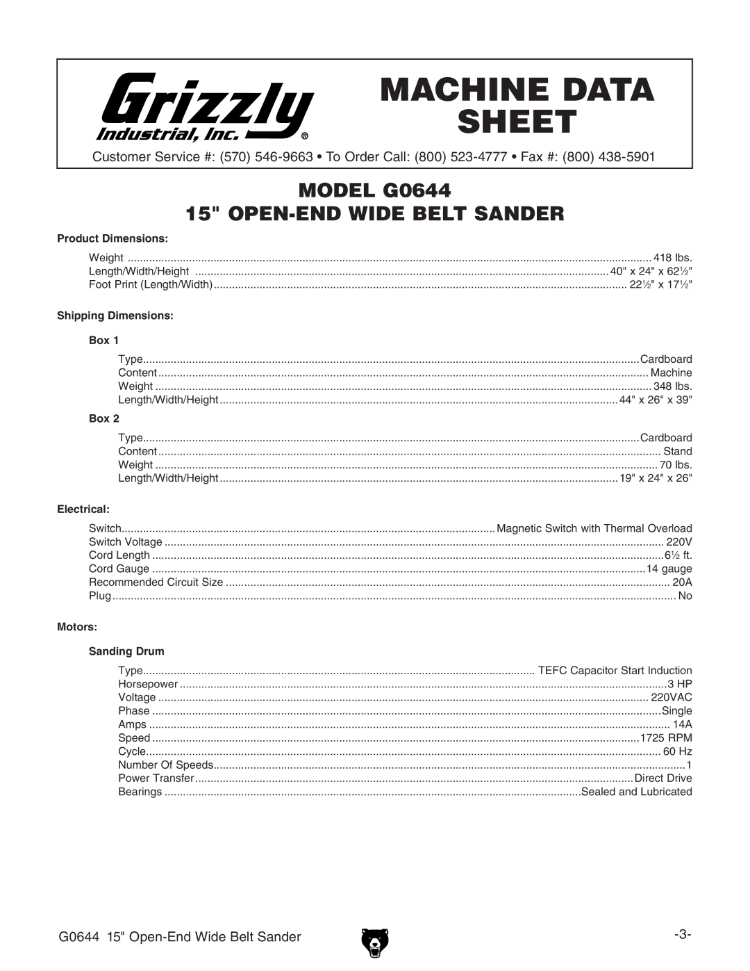 Grizzly G0644 owner manual Machine Data Sheet 