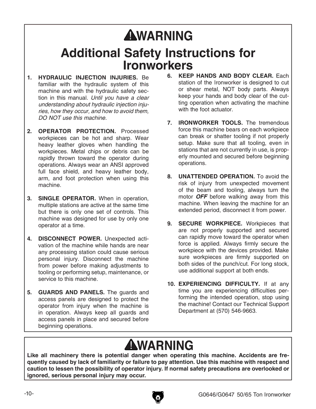 Grizzly G0647, G0646 owner manual Additional Safety Instructions for Ironworkers 