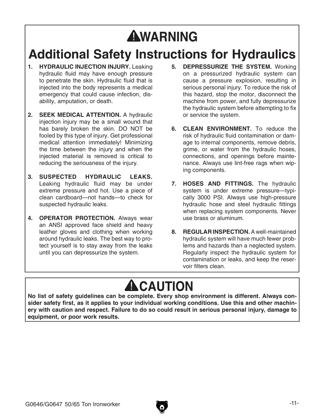 Grizzly G0646, G0647 owner manual Additional Safety Instructions for Hydraulics 