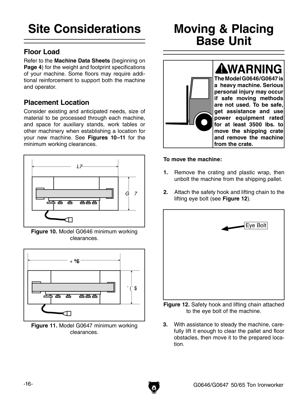 Grizzly G0647, G0646 owner manual Site Considerations, Moving & Placing Base Unit, Floor Load, Placement Location 