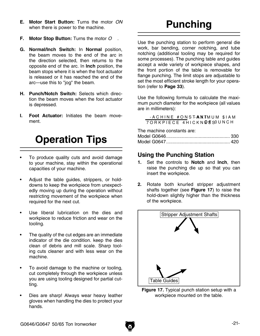 Grizzly G0646, G0647 owner manual Operation Tips, Using the Punching Station, Motor Stop Button Turns the motor OFF 