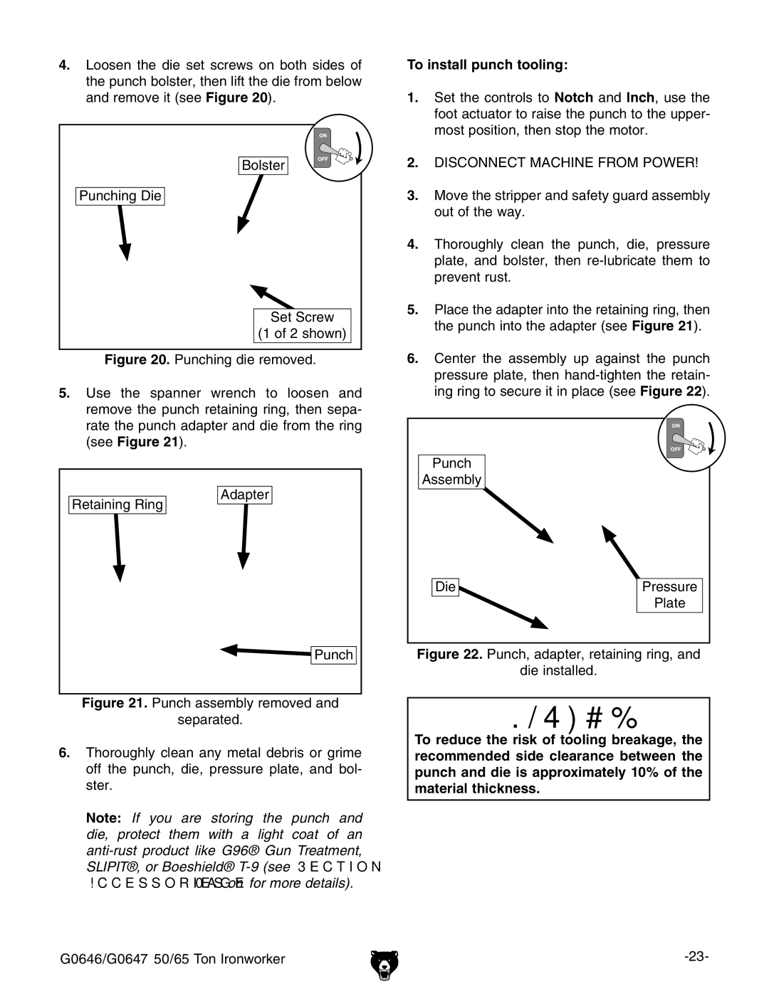 Grizzly G0646, G0647 owner manual To install punch tooling, Punch, adapter, retaining ring, Die installed 