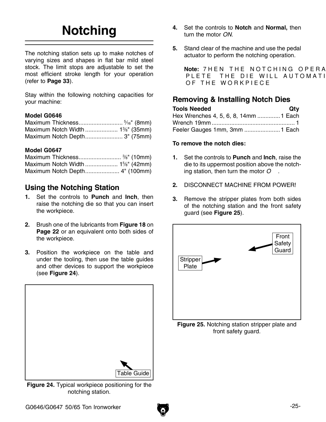 Grizzly G0646, G0647 owner manual Using the Notching Station, Removing & Installing Notch Dies 