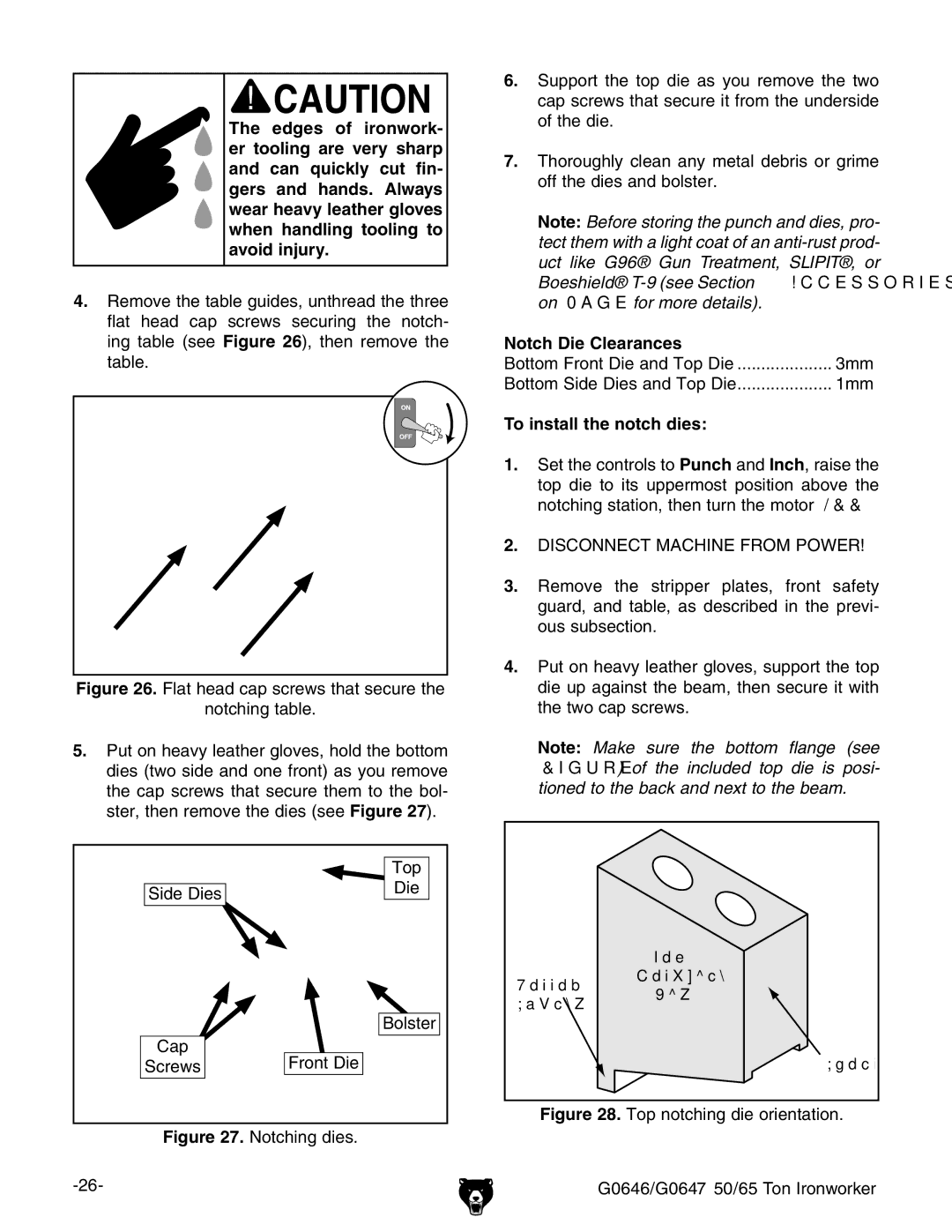 Grizzly G0647, G0646 owner manual Notch Die Clearances, To install the notch dies 