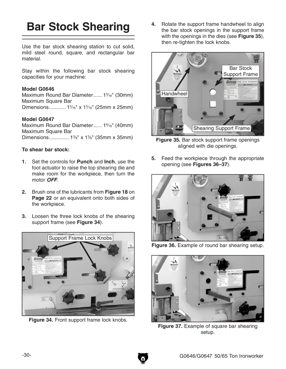 Grizzly G0647, G0646 owner manual Bar Stock Shearing, To shear bar stock 