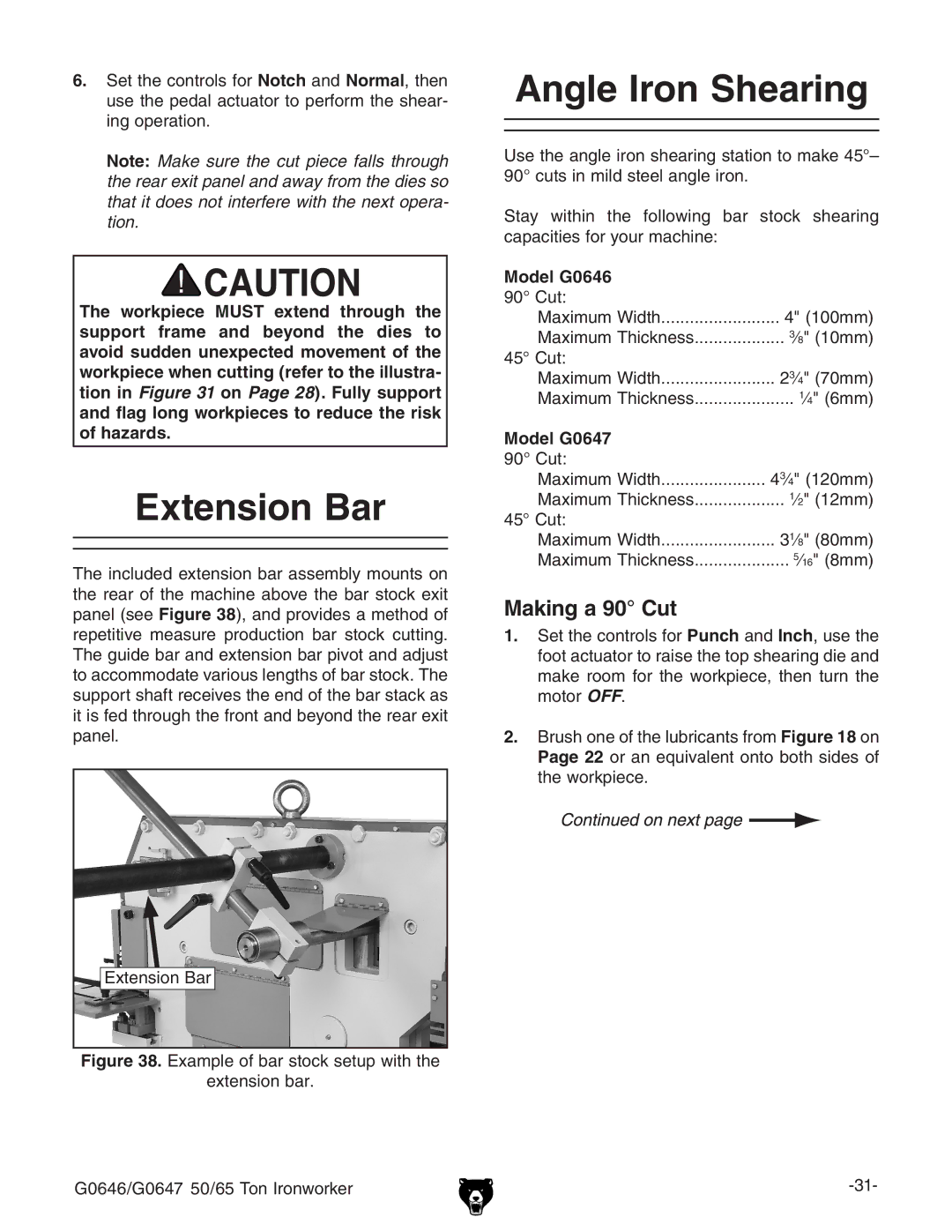 Grizzly G0646, G0647 owner manual Extension Bar, Angle Iron Shearing, Making a 90 Cut 