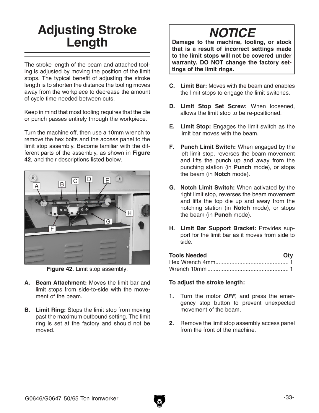 Grizzly G0646, G0647 owner manual Adjusting Stroke Length 