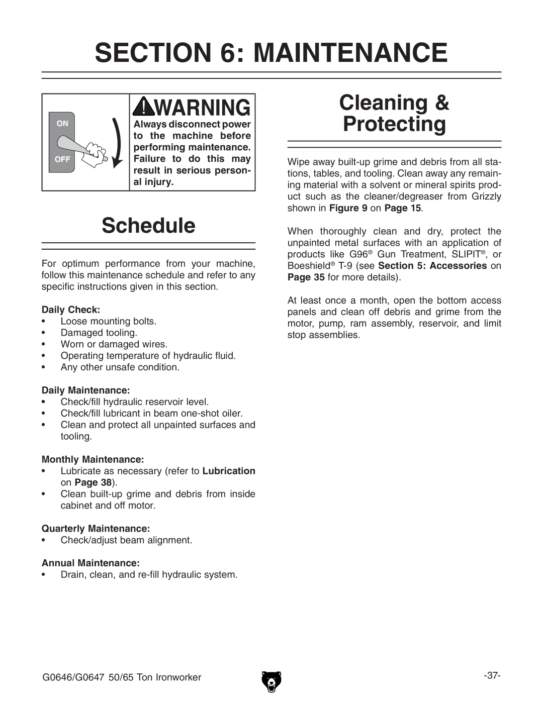 Grizzly G0646, G0647 owner manual Maintenance, Schedule, Cleaning Protecting 